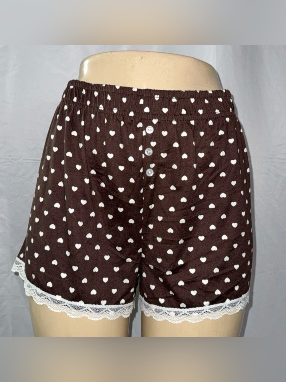 Women’s Brown Heart-Print Cotton Boxer Shorts with White Lace Trim